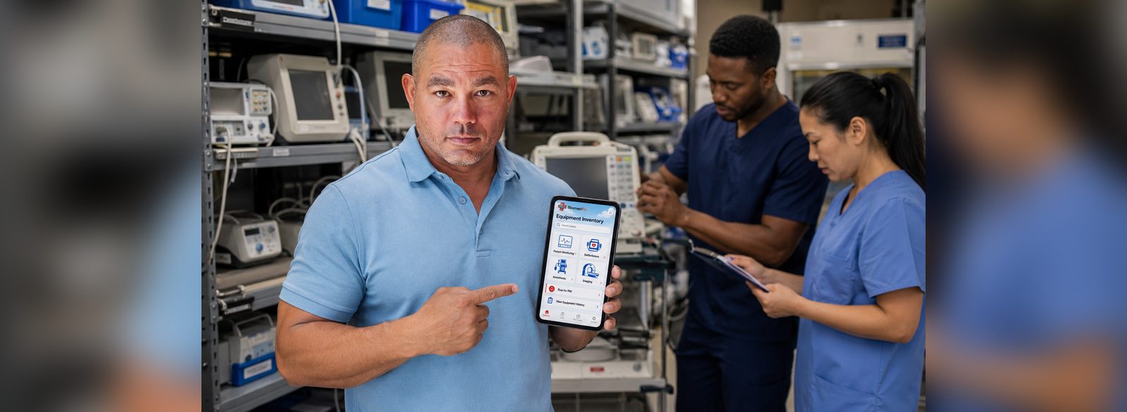 Medical equipment inventory tracked in the BiomedRx App in a hospital equipment storeroom