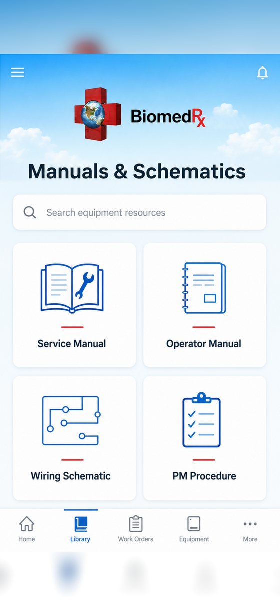 Service manuals, operator manuals, wiring schematics and PM procedures in the BiomedRx App equipment library