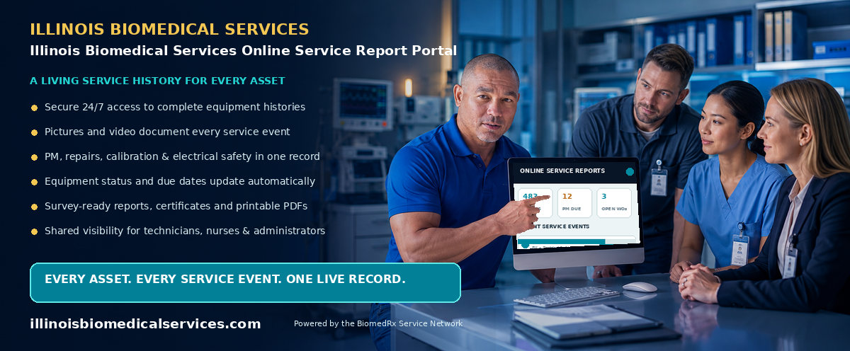 Illinois Biomedical Services Online Service Report Portal — every service event, live in your secure online report portal; view a sample report